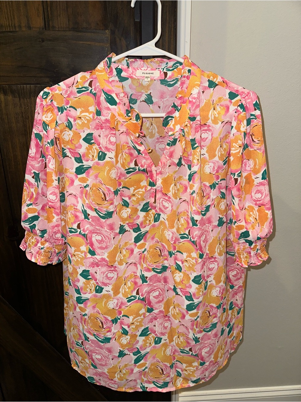 Pleione Pink, Orange, & Green Floral Tie-Neck Blouse